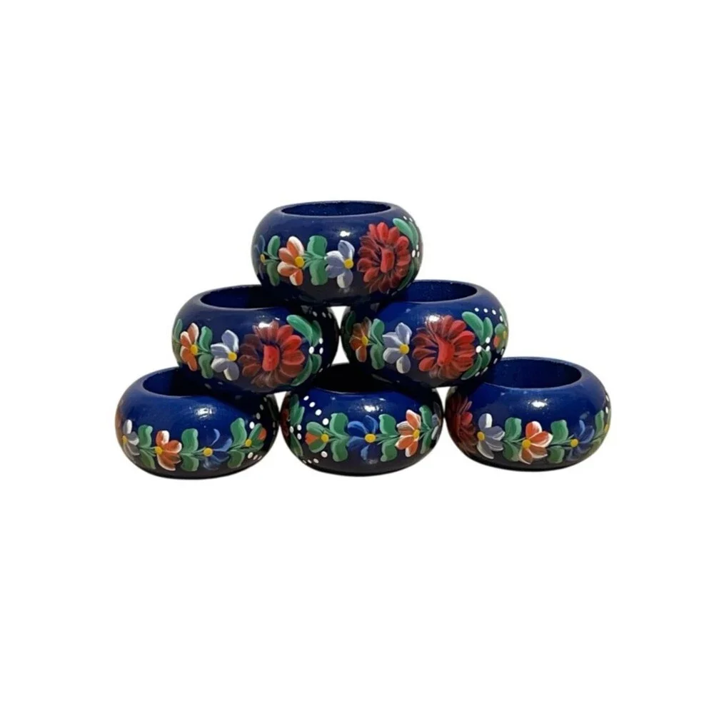 Hand-Painted Blue Floral Wood Napkin Rings Colorful Cottage Artsy Ornate 6 Set